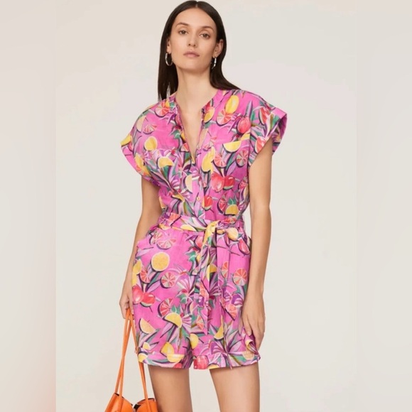 Scotch & Soda Pants - Scotch & Soda Women's Linen Romper, Pink Tropical Citrus Print, Size 36 (Size 6)
